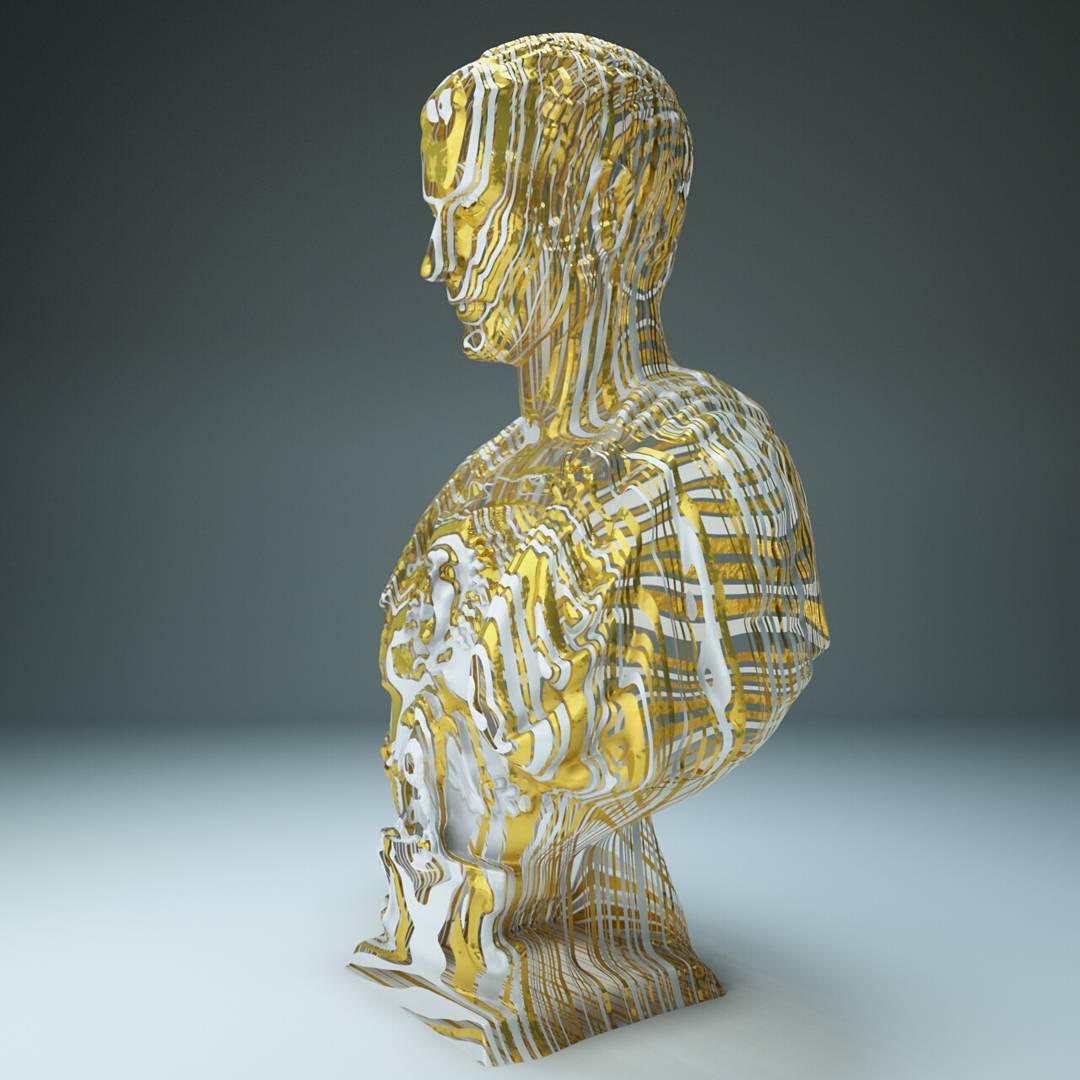 Una statua greca in una composizione tra passato e futuro, scultura e digitale, di Ferdinando Spagnolo
