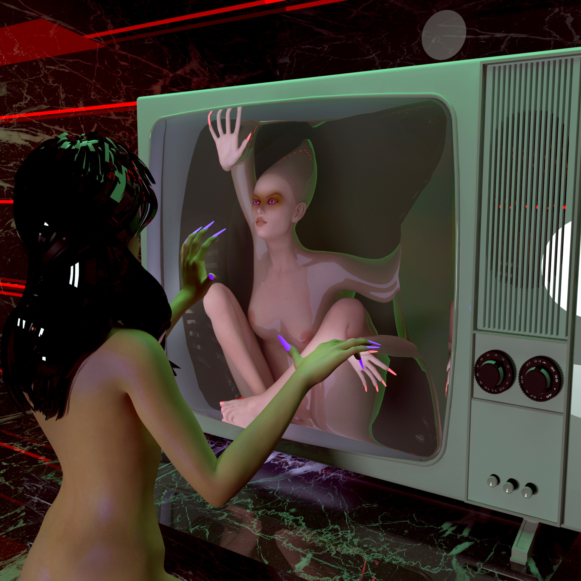 L’opera "Long Live the New Flesh" dell’artista Stacie Ant mostra un corpo nudo di donna di fronte di fronte a una televisione dove è intrappolata una figura femminile semi-mostruosa.
